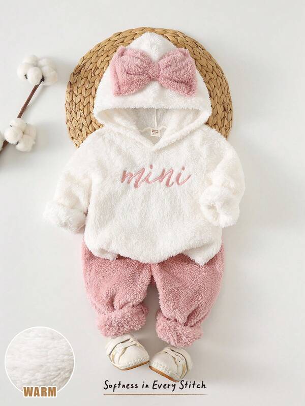 Cozy Pixies Baby Mädchen süßes, einfaches, lässiges Kontrast-Farbenes Sweatshirt Set, Schleifenset, Mini Set, Niedliches Set, geeignet für Winter, geeignet für Herbst, Kapuzen Sportbekleidungs Set, rosa Kapuzen Set mit Schleife, Baby Mädchen Winter Outfit, Mini besticktes Set, süßes, lässiges, bequemes Set für Baby Mädchen, Baby Mädchen Schleifenset, Schulanfang, Alltagskleidung, Weihnachten, Halloween