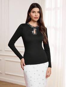 Miaspire Autumn And Winter Women's Warm TEE, Exquisite Hot Diamond Collar, Elegant Party Top, Versatile Black Top, Women's Wedding Guest Top, Fashionable Going Out TEE, Party TEE Rhinestone Top Long Sleeve Black Top Black Rhinestone Top Rhinestone Shirt Long Sleeve Rhinestone Top,Winter Tee,Prom Tee,Sparkly Top, Fall Clothes For Women,Lack Tee
