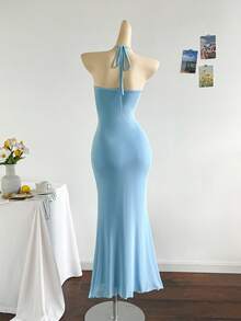 Soleia Đầm Maxi đuôi cá phối lưới đan màu xanh lãng mạn, vừa vặn, thắt nơ kim loại, trang trí khóa kim loại, thích hợp cho tiệc tùng, giáng sinh, hẹn hò, hộp đêm, phong cách Bohemian, Boho, kỳ nghỉ, mùa thu - Màu xanh lam - Xem 2