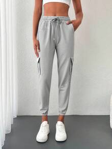Cottnline Flap Pocket Side Drawstring Waist Joggers - Light Grey - View 5