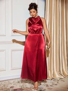 Cravure Rochie maxi din satin solid, fără mâneci, cu decolteu în V, pentru femei, mărime mare, potrivită pentru festivaluri, gale, întâlniri, ocazii formale - Burgundia - Vizualizare 5