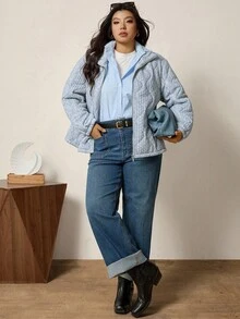 Comfylo Luneh 加大码女式几何图案常规宽松立领拉链棉服外套，冬季加厚夹克和派克大衣 - 灰色 - 查看 6