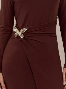 Modelyn Vestido midi elegante de unicolor con mariposa para mujer - Marrón Mocha - Ver 8
