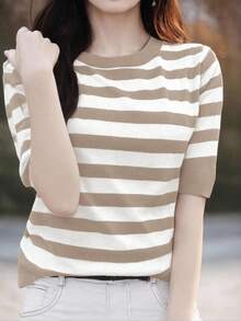 EMERY ROSE Women's Casual Striped Round Neck Short Sleeve Knit Top, Autumn - Khaki - View 5
