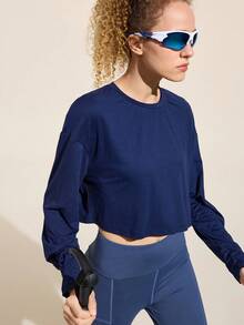 Easithlete Solid Color Casual Crew Neck Long Sleeve Cropped Women Outdoor T-Shirt