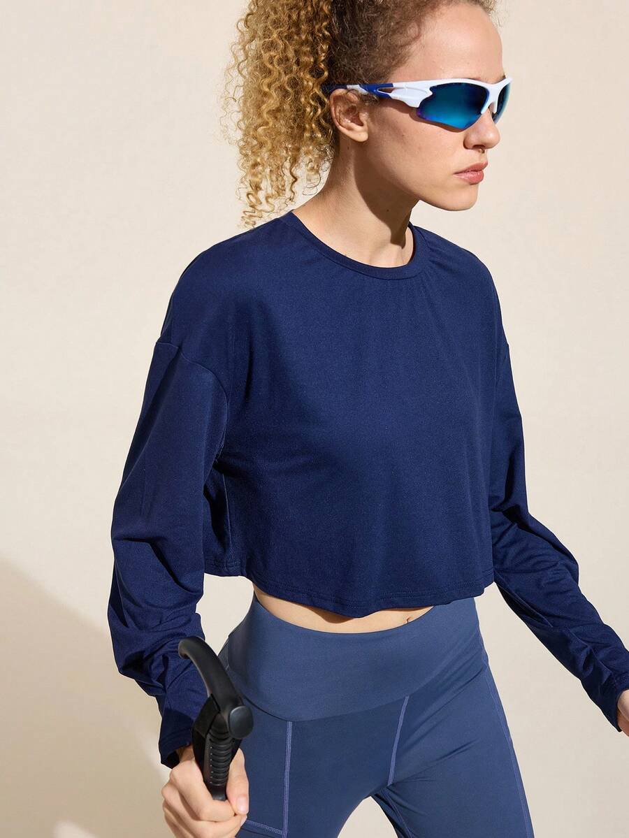 Easithlete Solid Color Casual Crew Neck Long Sleeve Cropped Women Outdoor T-Shirt