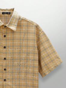 NEON BLANC Men's Street Fashion Woven Rhinestone Spider Web Plaid Short Sleeve Shirt, Halloween - Yellow - View 7