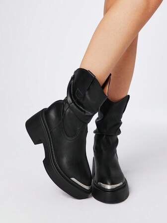Goth 2025 New Spring/Autumn PU Dark Pointed Toe Stacked Heel Women Boots, Metal Toe Mid-Calf Thick Sole Riding Boots