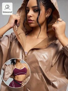 Innovista 女士宽松运动防水夹克，短款拉链健身服，适合日常跑步、休闲运动、办公室、法庭、早午餐、健身房等各种场合，适合秋季骑行、轻便高强度间歇训练、舒适运动、户外运动、休闲都市嘻哈风，秋季新款，舒适/冬季叠穿，实用时尚，必备连帽衫 - 卡其色 - 查看 1