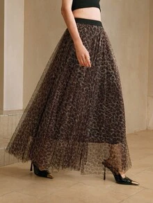 Arave Women's Woven Mesh Leopard Print Digital Print Fabric Elastic Waist Double Mesh 3D Leopard Print Design Elegant Date Long Skirt Fall Clothes For Women Cheetah Print - Brown - View 1