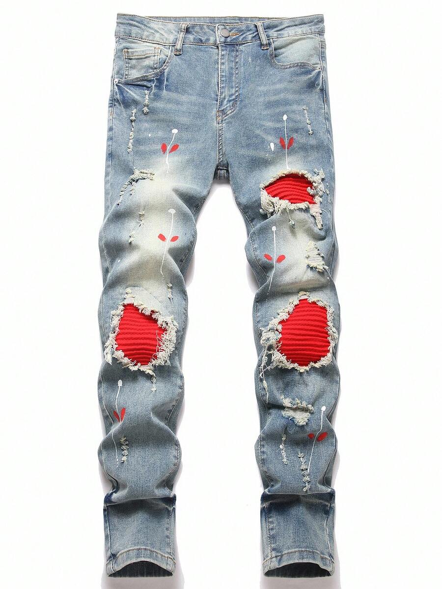 Manfinity LEGND Men's Casual Distressed Slim Fit Denim Jeans - Light Wash - View 1