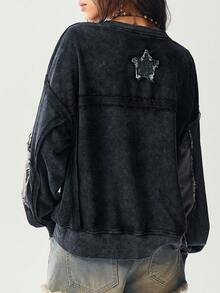 Bohemela 秋季波西米亚乡村音乐节万圣节休闲纯色拼布圆领宽松水洗女式运动衫 - 黑色 - 查看 7