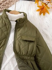 SHEIN Baby Girl Casual Green Collar Fleece Jacket, Versatile For Autumn/Winter Fall