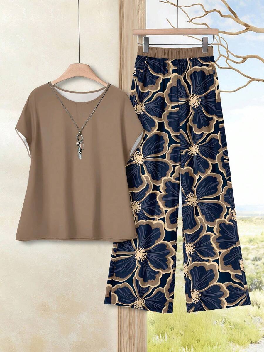 Rusticease 2pcs/Set Women Casual Floral Pattern Round Neck Top And Loose Pants, Versatile Outfit Suitable For Spring And Autumn Pants And Top Set