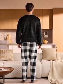 SHEIN 男士休闲睡衣套装（长袖上衣和长裤），秋冬装，圣诞节，蓬松舒适 - 黑色 - 查看 2