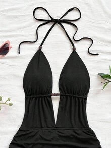 Vestido mini  para mujer con escote en V profundo, tirantes de lazo y espalda descubierta, corte ajustado y fruncido, elegante, negro, para verano, club, playa, vacaciones, fiesta, oto - Blanco - Ver 10