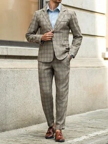 Manfinity Bizformal 男士格子西装套装 - 夹克和裤子 男士格子西装 男士西装外套和裤子 男士套装 男士套装 男士正装套装 男士两件套西装 男士西装 棕色 - 卡其色 - 查看 3