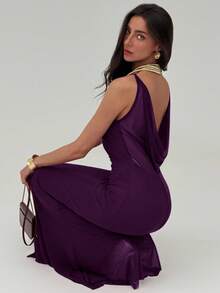 Aloruh Valentine's Day Burgundy Romantic Date Party Spaghetti Strap Bodycon Backless Draped Neck Maxi Mesh Dress For Women,Fall Wedding Guest Dress,Wedding Guest Dress Women