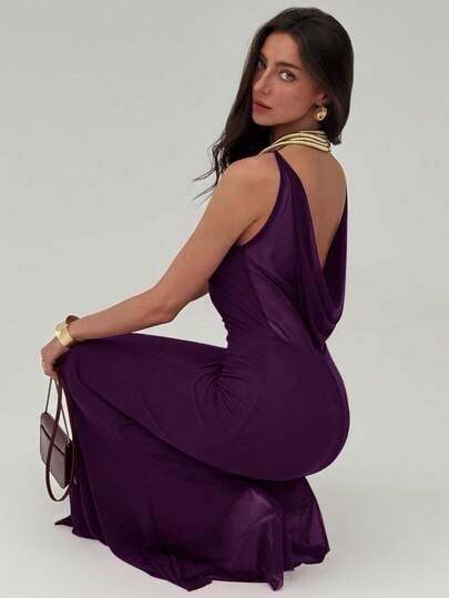 Aloruh Valentine's Day Burgundy Romantic Date Party Spaghetti Strap Bodycon Backless Draped Neck Maxi Mesh Dress For Women,Fall Wedding Guest Dress,Wedding Guest Dress Women