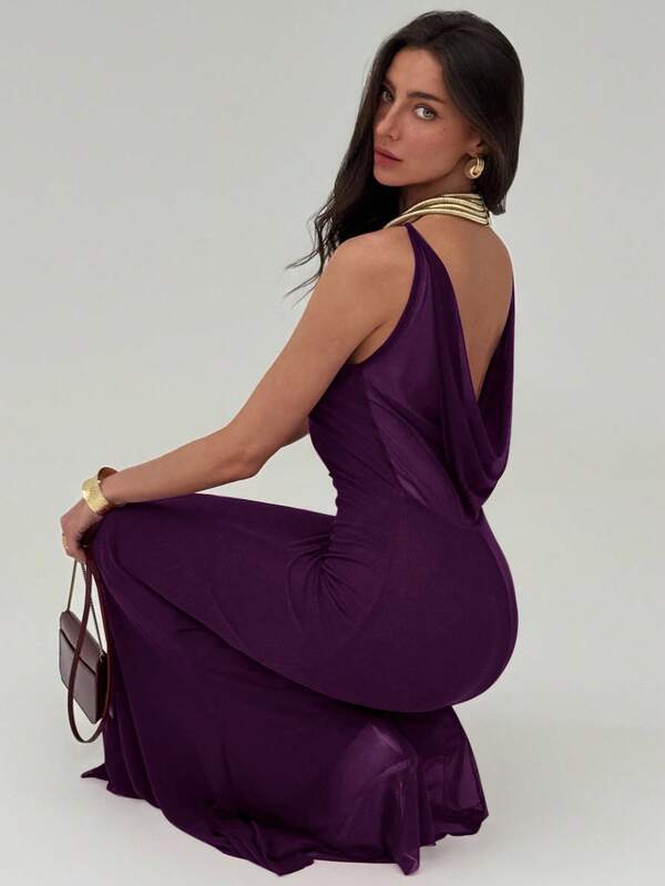 Aloruh Vestido largo de malla con tirantes finos, cuello drapeado y espalda descubierta, en color borgoña romántico para fiesta de San Valentín