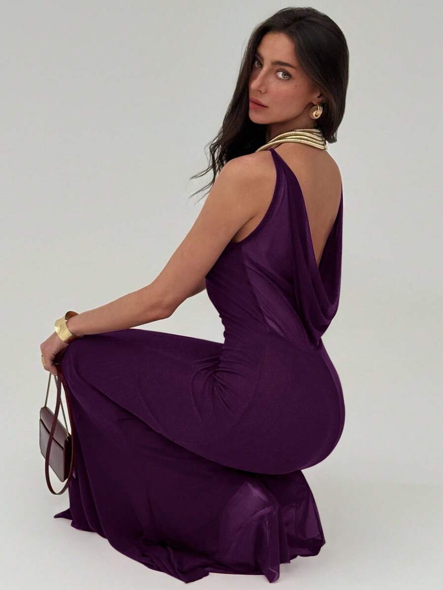 Aloruh Valentine's Day Burgundy Romantic Date Party Spaghetti Strap Bodycon Backless Draped Neck Maxi Mesh Dress For Women,Fall Wedding Guest Dress,Wedding Guest Dress Women