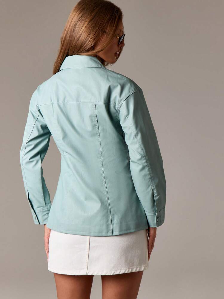 Shirt Jacket Stylish PU Fitted Button Down Classic Collar