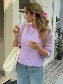 Livesso 女士日常休闲纯色落肩毛衣秋季 - 紫色 - 查看 7