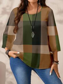 EMERY ROSE Plus Size Women Casual Allover Print Loose Fit Round Neck 3/4 Sleeve Blouse, Suitable For Spring And Autumn Chic Blouses For Women - Multicolor - View 4