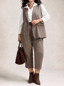 Zelara 2 pièces Ensemble veste sans manches et pantalon jacquard pied-de-poule grande taille pour femmes