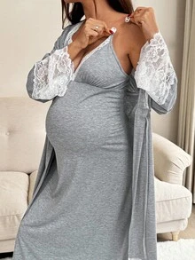 SHEIN 2pcs Maternity Contrast Lace Long Sleeve Robe And Camisole Nursing Nightgown Set