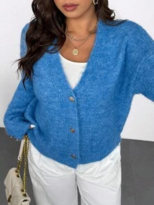 Vionelle Plus Size V-Neck Loose Knit Cardigan, Solid Color, Casual, Versatile, Elegant Sweater Top Winter Fall Autumn - Blue - View 1