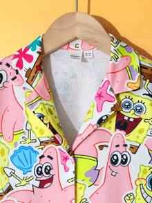 SpongeBob SquarePants | SHEIN Tween Girl Cartoon All-Over Print Lapel Button Front Long Sleeve Top And Pants Autumn/Winter Pajama Set Fall