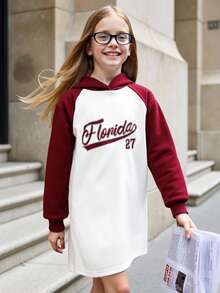 SHEIN Explorewe Young Girl Contrast Color Letter Printed Hooded Long-Sleeve Casual Sports Dress,White,Autumn,Career Day,Sport,Back-To-School,Holidays,Parties,Outings - Multicolor - View 1