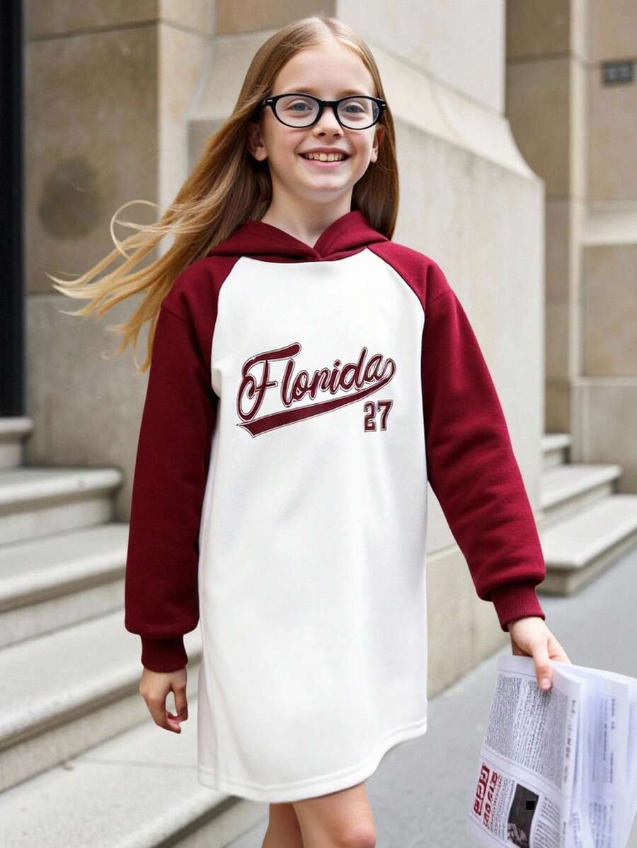 SHEIN Explorewe Young Girl Contrast Color Letter Printed Hooded Long-Sleeve Casual Sports Dress,White,Autumn,Career Day,Sport,Back-To-School,Holidays,Parties,Outings - Multicolor - View 1