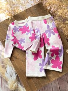 Emery Rose Kids Emery Rose Kids 2 件套少女彩色花卉图案圆领不对称斗篷毛衣和阔腿针织裤套装，可爱、温暖、舒适、休闲 - 彩色 - 查看 2