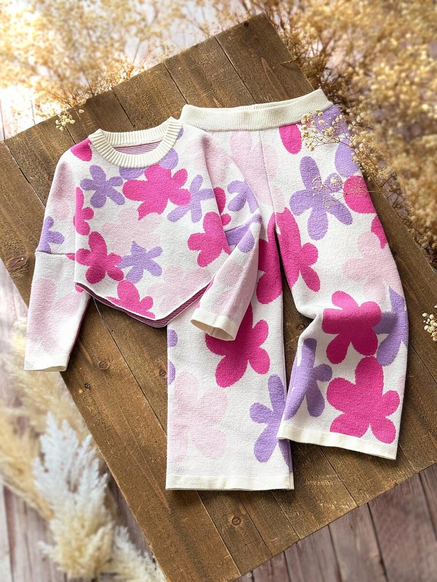 Emery Rose Kids Emery Rose Kids 2 件套少女彩色花卉图案圆领不对称斗篷毛衣和阔腿针织裤套装，可爱、温暖、舒适、休闲