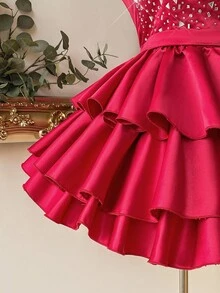 Lovelzi 优雅、浪漫、性感的黑色缎面面料，深 V 领，收腰，紧身胸衣，大量水钻装饰，有骨紧身胸衣，后背系带，A 字裙，褶皱设计，适合毕业典礼、学校开学典礼、音乐节、生日派对、婚礼、舞会礼服 - 酒紅色 - 查看 6