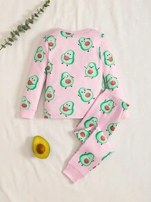 小女孩牛油果印花长袖紧身裤和裤子两件套，面料舒适柔软，适合儿童休闲穿着 - 粉色 - 查看 2