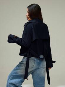 SHEIN PETITE Double Breasted Belted Trench Coat In Fall/Winter - Navy Blue - View 2