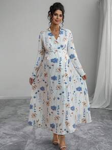 Momance Elegant Floral Print V-Neck Dress For Pregnant Women, Suitable For Commuting - Multicolor - View 1