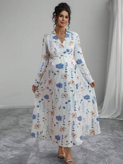 Momance Elegant Floral Print V-Neck Dress For Pregnant Women, Suitable For Commuting