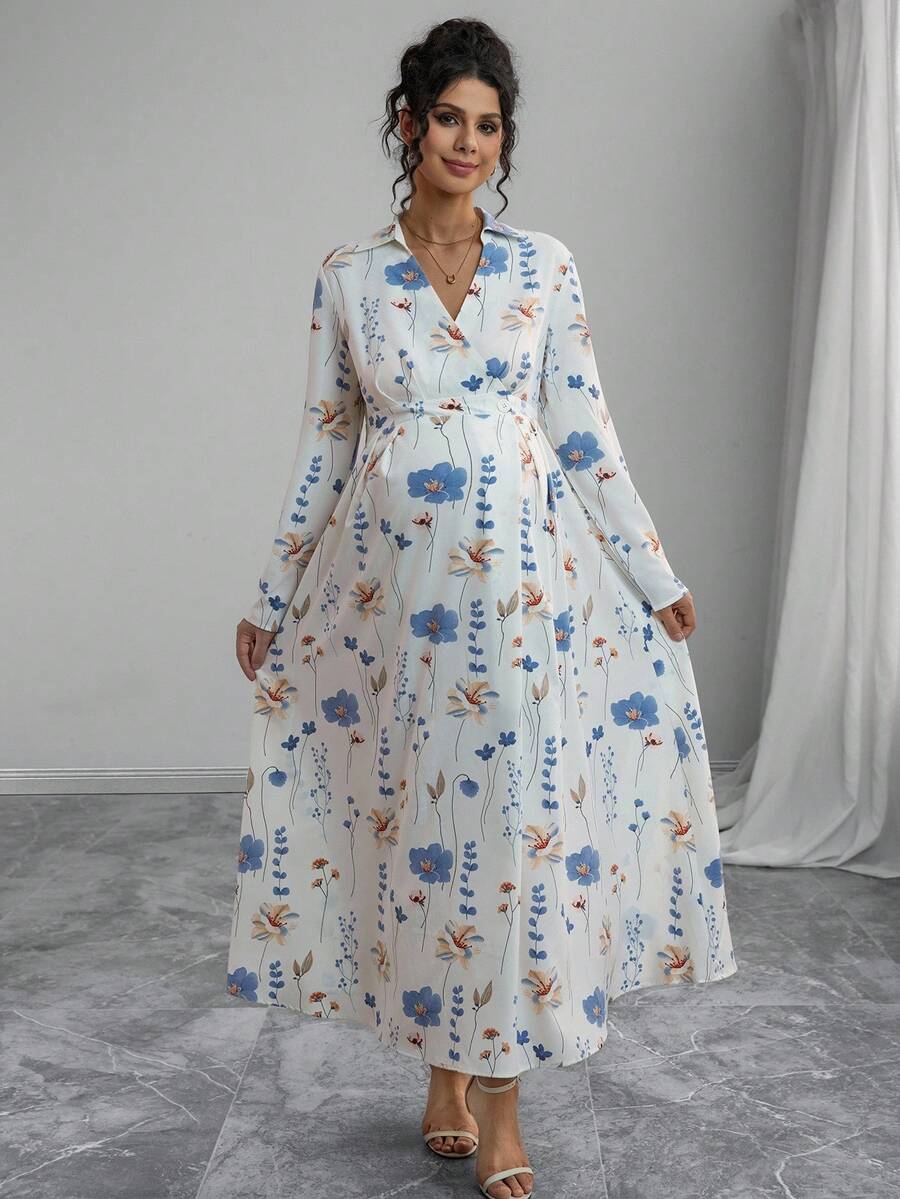 Momance Elegant Floral Print V-Neck Dress For Pregnant Women, Suitable For Commuting - Multicolor - View 1