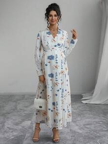 Momance Elegant Floral Print V-Neck Dress For Pregnant Women, Suitable For Commuting - Multicolor - View 3