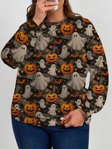 EMERY ROSE Áo nỉ chui đầu cổ tròn tay dài dáng rộng in hình ma, dơi, bí ngô giả Halloween cỡ lớn dành cho nữ, mùa thu/đông - Nhiều màu - Xem 5