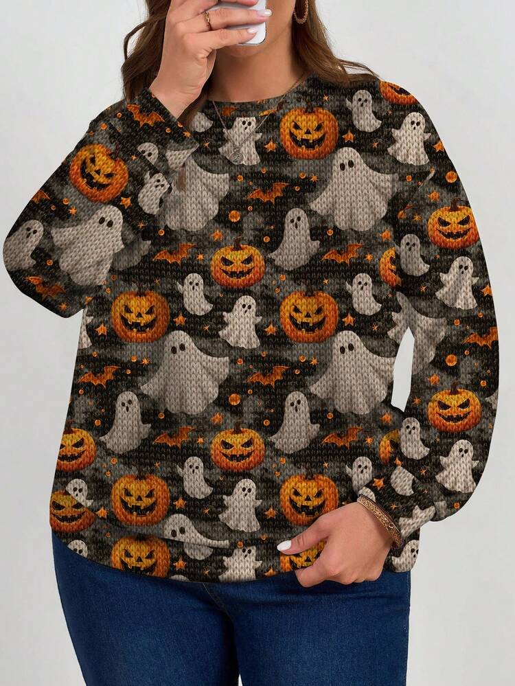 EMERY ROSE Halloween Faux Knitted Ghost, Bat, Pumpkin Print Plus Size Women Casual Loose Fit Crew Neck Long Sleeve Pullover Sweatshirt, Autumn/Winter Fall - Multicolor - View 5