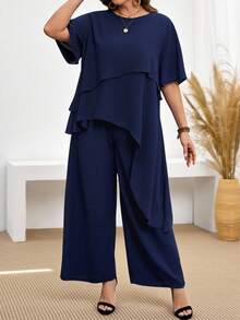 EMERY ROSE Bộ 2 áo sơ mi và quần dài màu xanh bất đối xứng phong cách Boho cho nữ cỡ lớn mùa hè - Màu xanh hải quân - Xem 4