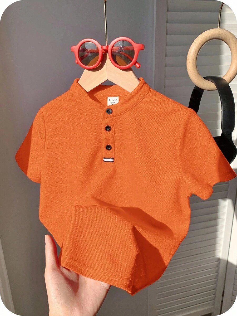 男童舒适纯色短袖 Polo 衫，适合休闲穿着，适合春夏季，适合夏季、春季，非常适合户外、学校、街头风格、派对和休闲穿着，性价比高 - 橘色 - 查看 1