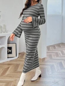 SHEIN Comfortable Fitted Stretchy Casual Long Sleeve Maternity Dress Striped Maternity Dress Ribbed Maternity Dress Maternity Knit Dress Fitted Maternity Dress - Multicolor - View 5