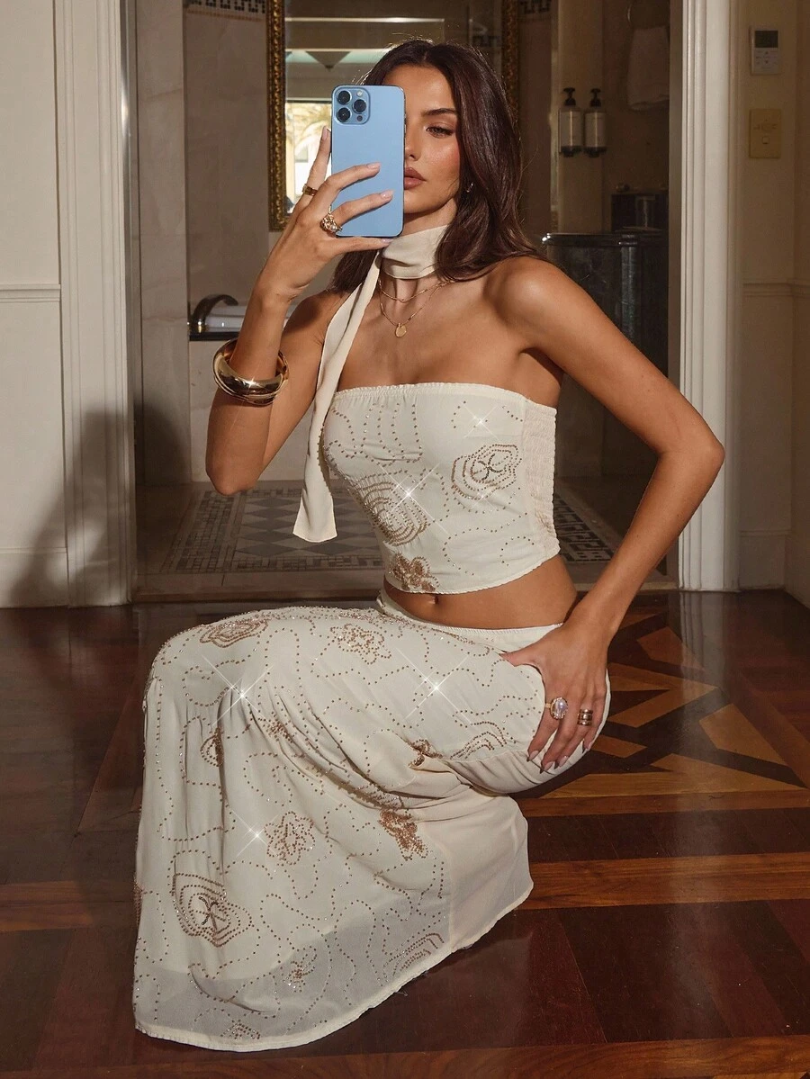 Aloruh 女士优雅荷叶边领短款抹胸和低腰 A 字长款亮片刺绣修身裙 2 件套 - 杏色 - 查看 1