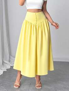 Firerie 新款休闲百搭轻薄仿亚麻喇叭裙，夏日度假波西米亚风优雅休闲裙 - 黃色 - 查看 3